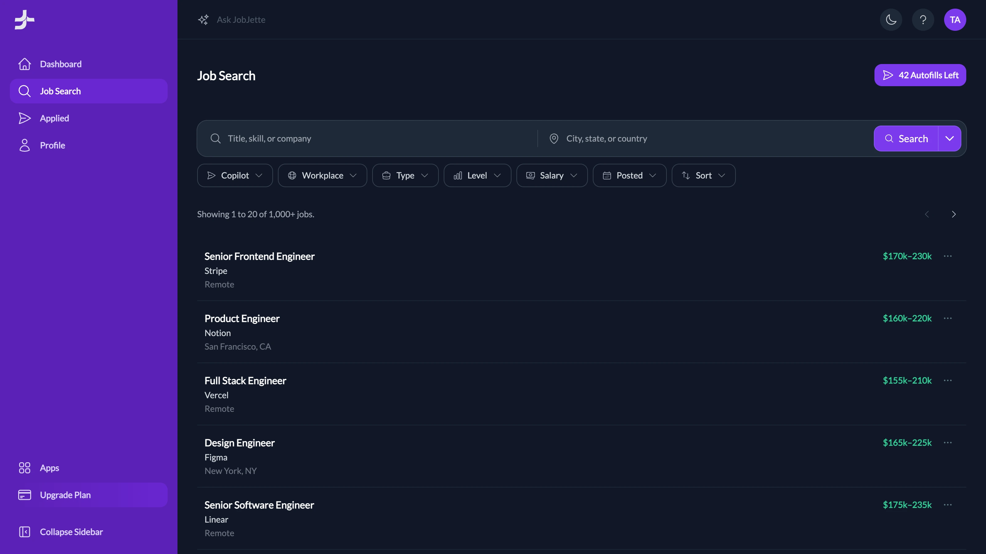 App screenshot for Jobs page.
