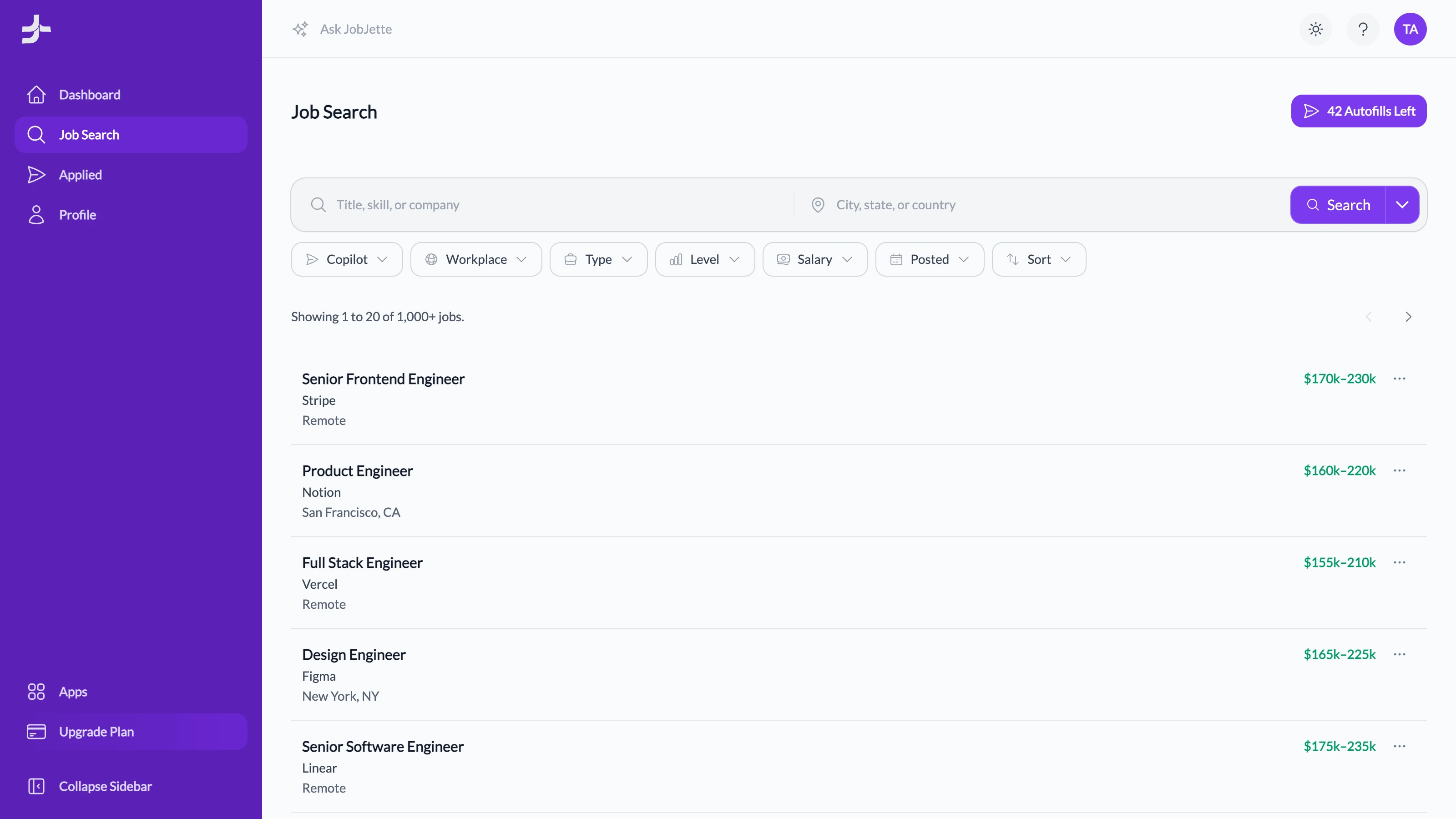 App screenshot for Jobs page.