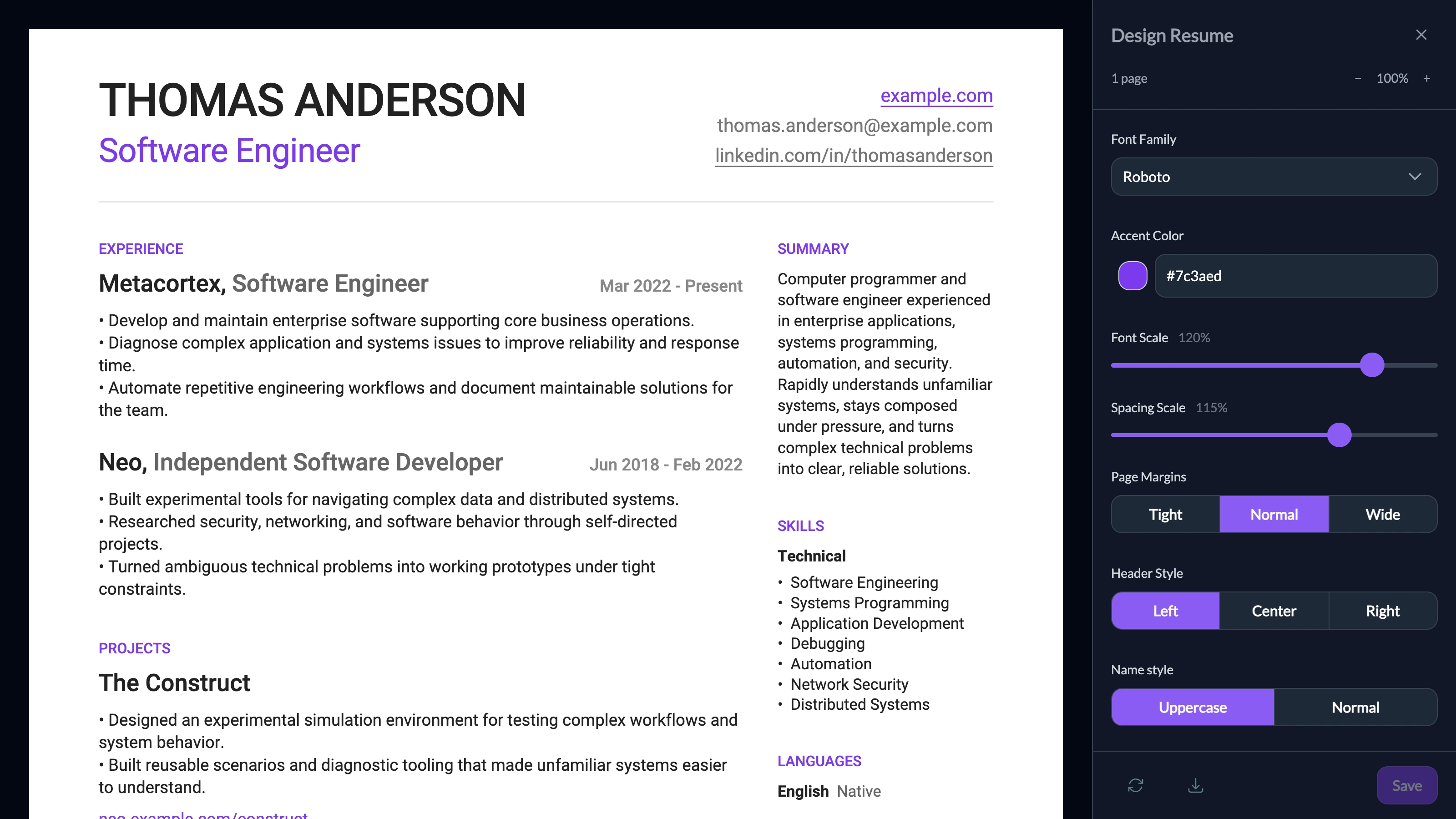 Resume Designer with a sample resume.
