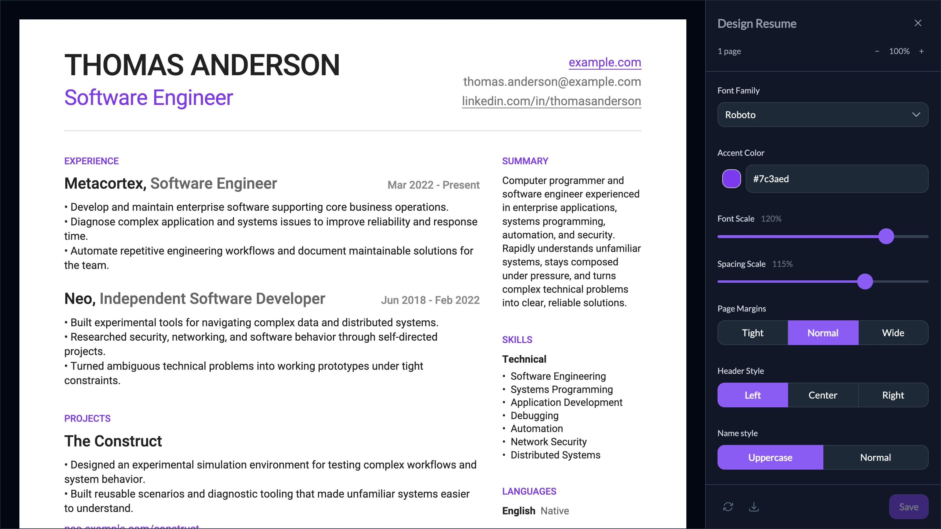 Resume Designer with a sample resume.