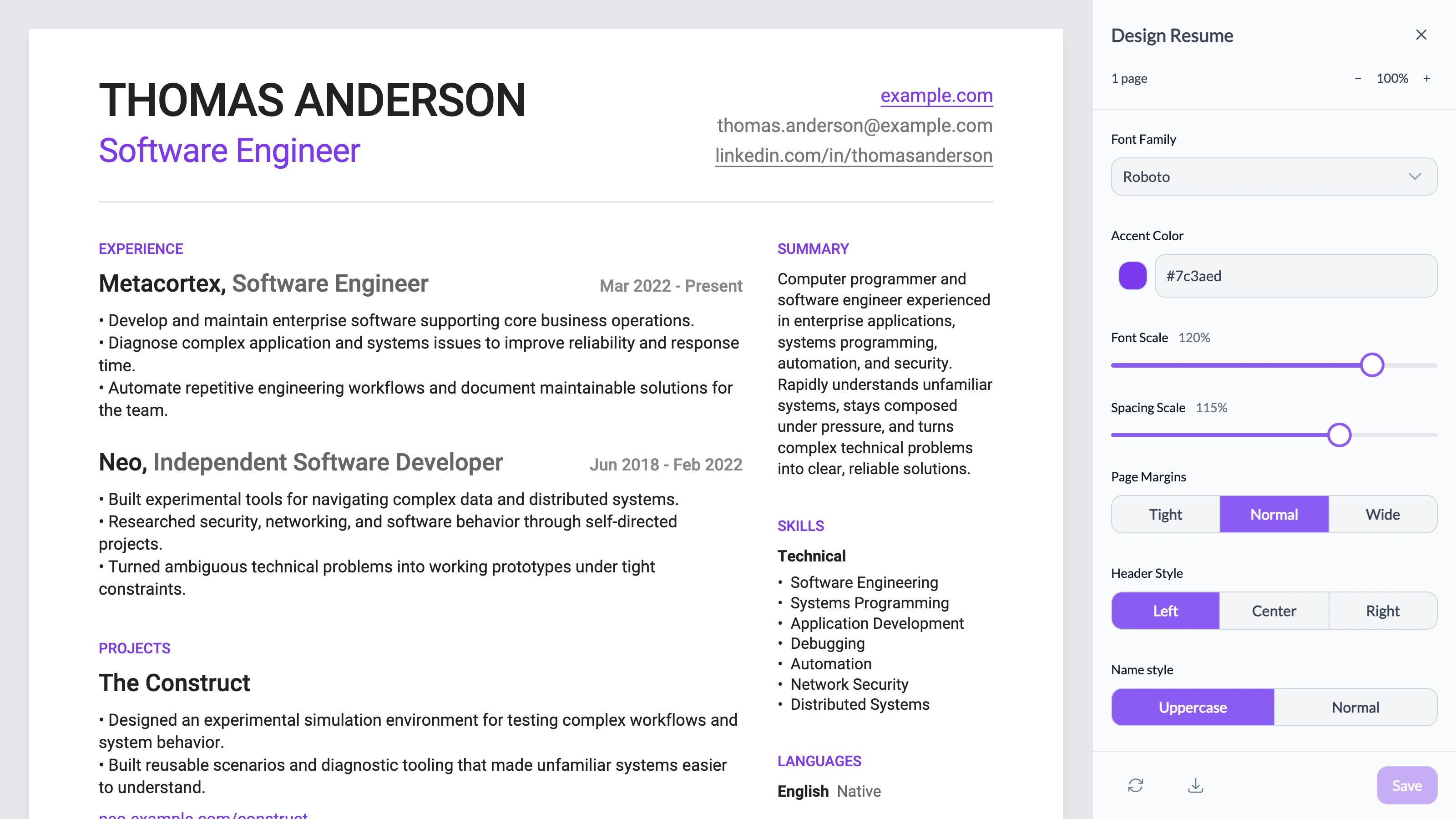 Resume Designer with a sample resume.